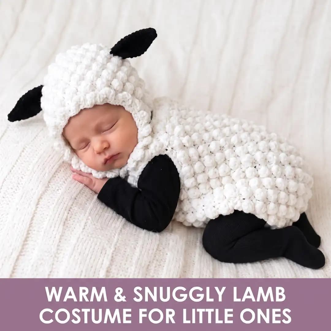 Crochet Sheep Costume Pattern, Baby Lamb Halloween Costume PDF, Toddler Bobble Hat & Booties, Chunky Yarn Beginner Crochet Pattern thumbnail 1