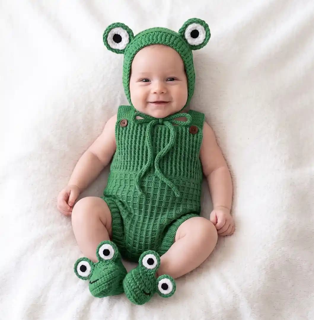 Frog Baby Crochet Pattern PDF, Easy Baby Romper, Bonnet & Booties Set, Newborn 0-3 Months Costume, Photo Prop